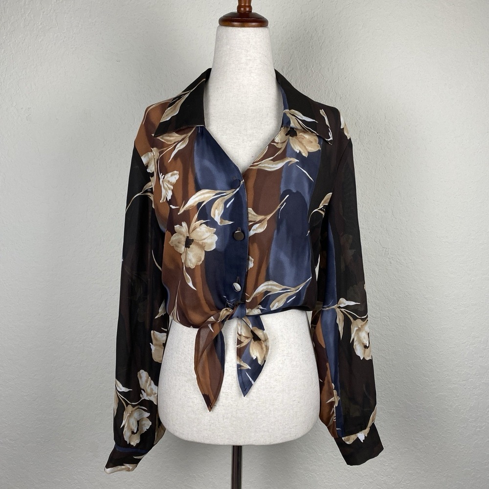 Vtg Hot Stuff S Dark Floral Shirt Crop Tie Long Sleeve Whimsigoth Fairy Grunge